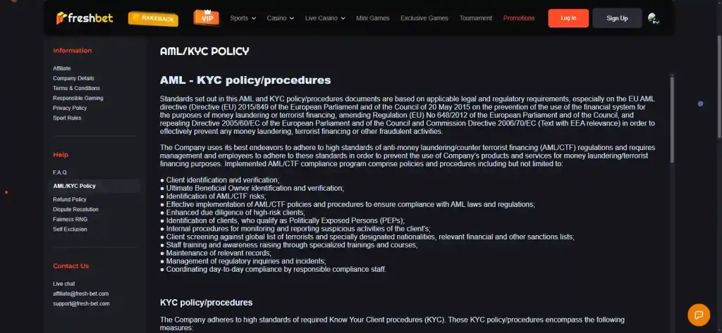 FreshBet KYC policy page showing identity-verification requirements