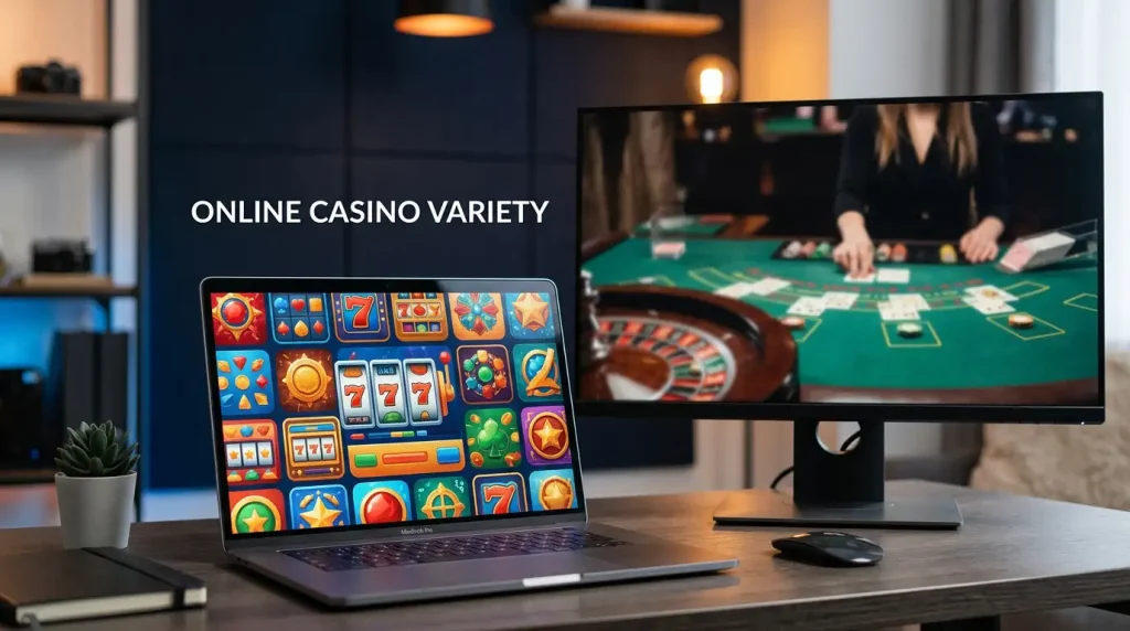 Casino game lobby on a laptop with slot tiles and a live-dealer table on a second screen
