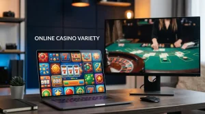 Casino game lobby on a laptop with slot tiles and a live-dealer table on a second screen
