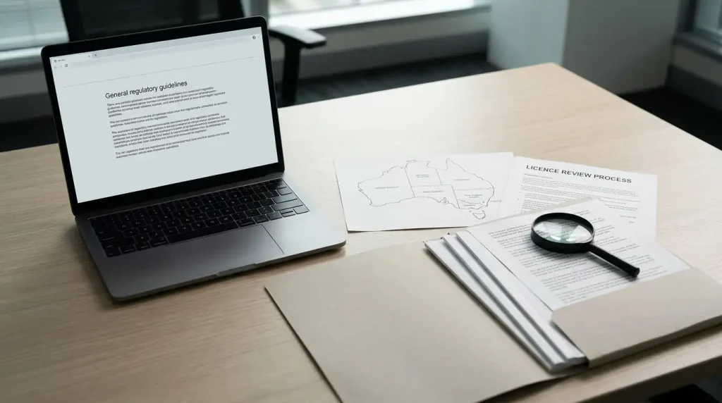Regulatory documents beside a laptop and magnifying glass on an office desk
