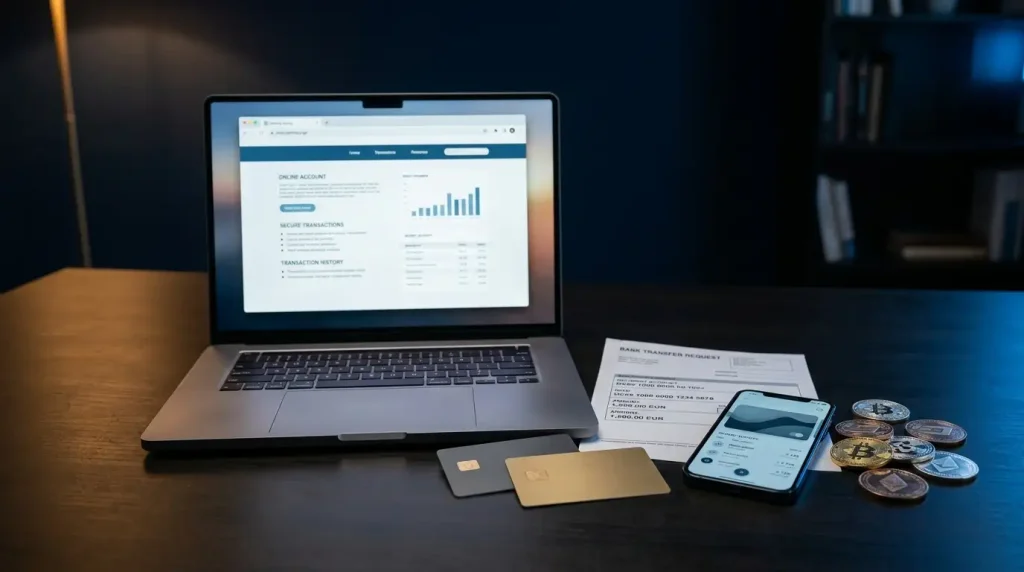 Laptop beside payment cards, a bank-transfer document and generic crypto tokens