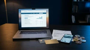 Laptop beside payment cards, a bank-transfer document and generic crypto tokens
