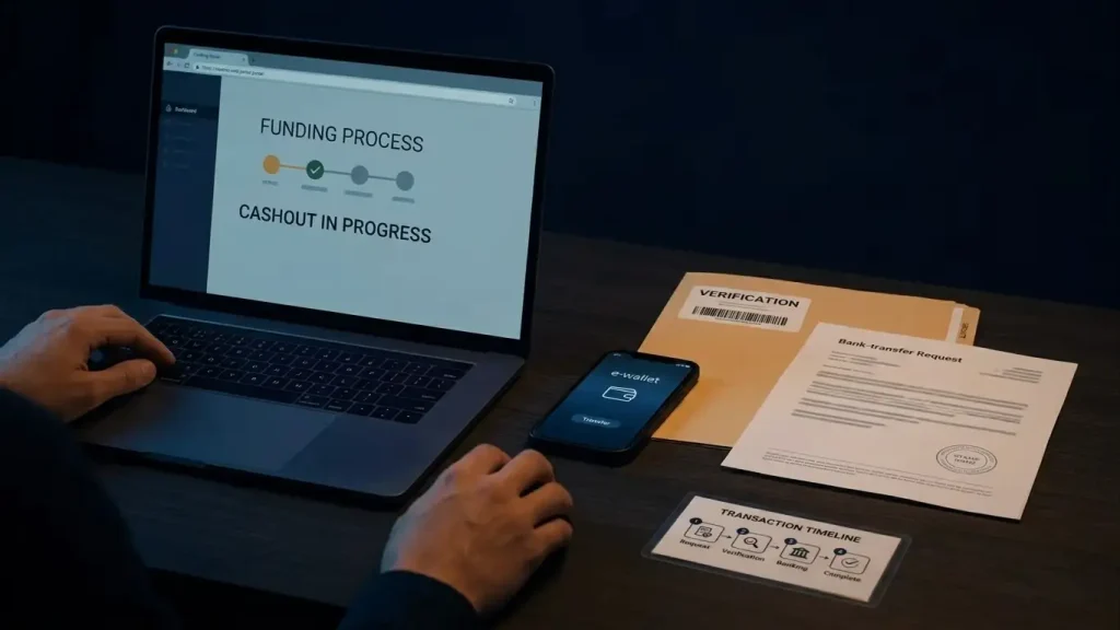 Laptop beside an e-wallet phone, bank document and identity-check folder