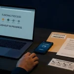 Laptop beside an e-wallet phone, bank document and identity-check folder